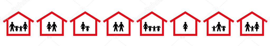 Quarantine symbols of families, couples, singles. Stay at home icons. Protect yourself, your family, children, partner. Isolated vector illustration on white background.