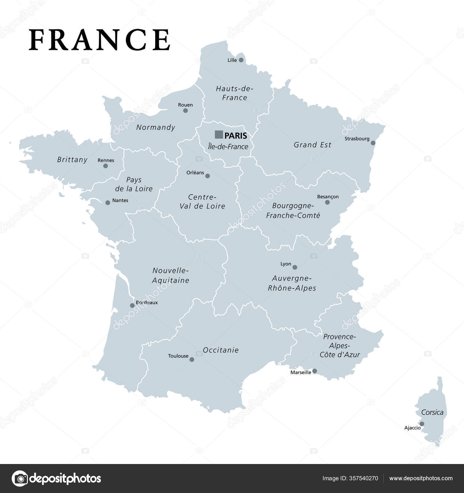 FRANCE detailed physical map topographic map of FRANCE with Capitals and  Major Lakes and Rivers | Poster