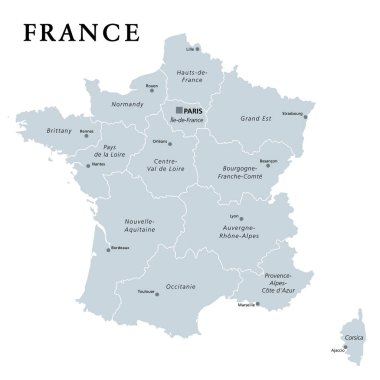 Fransa, gri politik harita. Başkent Fransa 'nın bölgeleri. Fransa Cumhuriyeti, Paris 'in başkenti, Avrupa' nın idari bölgeleri ve illeri. İngilizce konuş. Beyazın yerine illüstrasyon. Vektör.