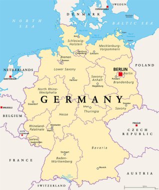 Germany, political map. States of the Federal Republic of Germany with capital Berlin and 16 partly-sovereign states. Country in Central and Western Europe. English labeling. Illustration. Vector. clipart