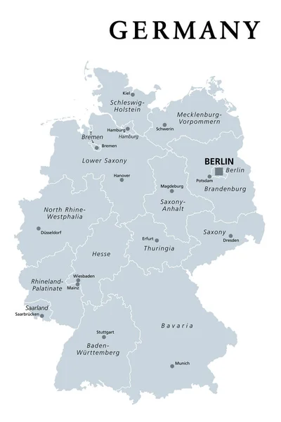 Almanya Gri Politik Harita Almanya Federal Cumhuriyeti Nin Başkenti Berlin — Stok Vektör