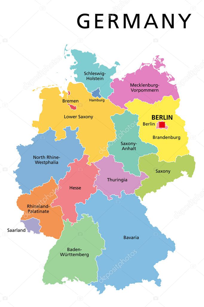 Alemania mapa político. Multicolores estados de la República Federal de ...