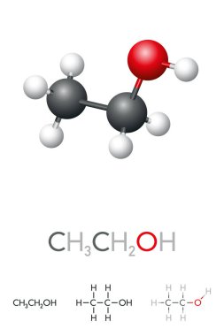 Etanol, CH3CH2OH, etil alkol, molekül modeli ve kimyasal formül. Kimyasal çözücü, alkollü içeceklerde psikoaktif madde, yakıt kaynağı, antiseptik ve dezenfektan. İllüzyon. Vektör.