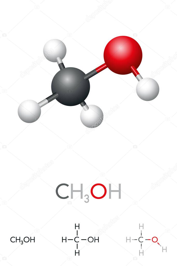 Methanol, CH3OH, molecule model and chemical formula. Methyl alcohol, MeOH, a popular but toxic solvent. Simplest alcohol, consisting of a methyl group linked to a hydroxyl group. Illustration. Vector