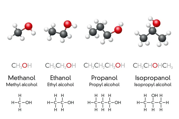 Methanol Ethanol Propanol Isopropanol Molekulární Modely Chemické Vzorce Sloučenin Alkoholu — Stockový vektor