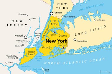 New York şehri, politik harita. Amerika Birleşik Devletleri 'nin en kalabalık şehri, New York eyaletinde yer alıyor. Manhattan, Bronx, Queens, Brooklyn ve Staten Island. İngilizce etiketleme. İllüzyon. Vektör.