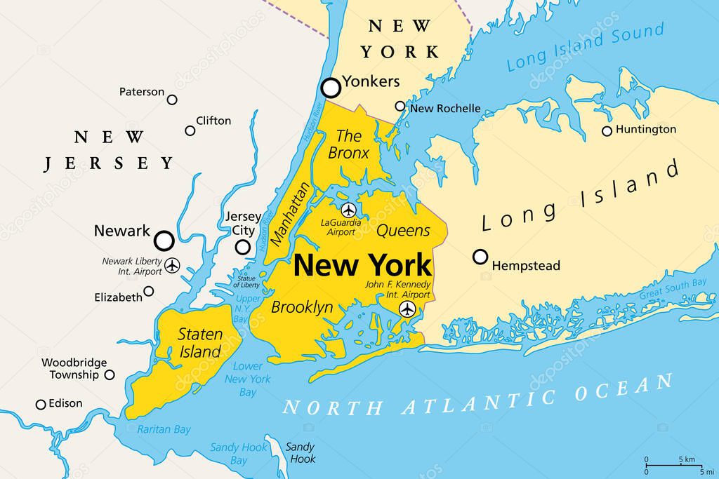 New York City, political map. Most populous city in the United States, located in the state of New York. Manhattan, Bronx, Queens, Brooklyn and Staten Island. English labeling. Illustration. Vector.