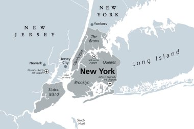 New York 'un gri politik haritası. Amerika Birleşik Devletleri 'nin en kalabalık şehri New York eyaletindedir. Manhattan, Bronx, Queens, Brooklyn ve Staten Island. İngilizce etiketleme. İllüzyon. Vektör