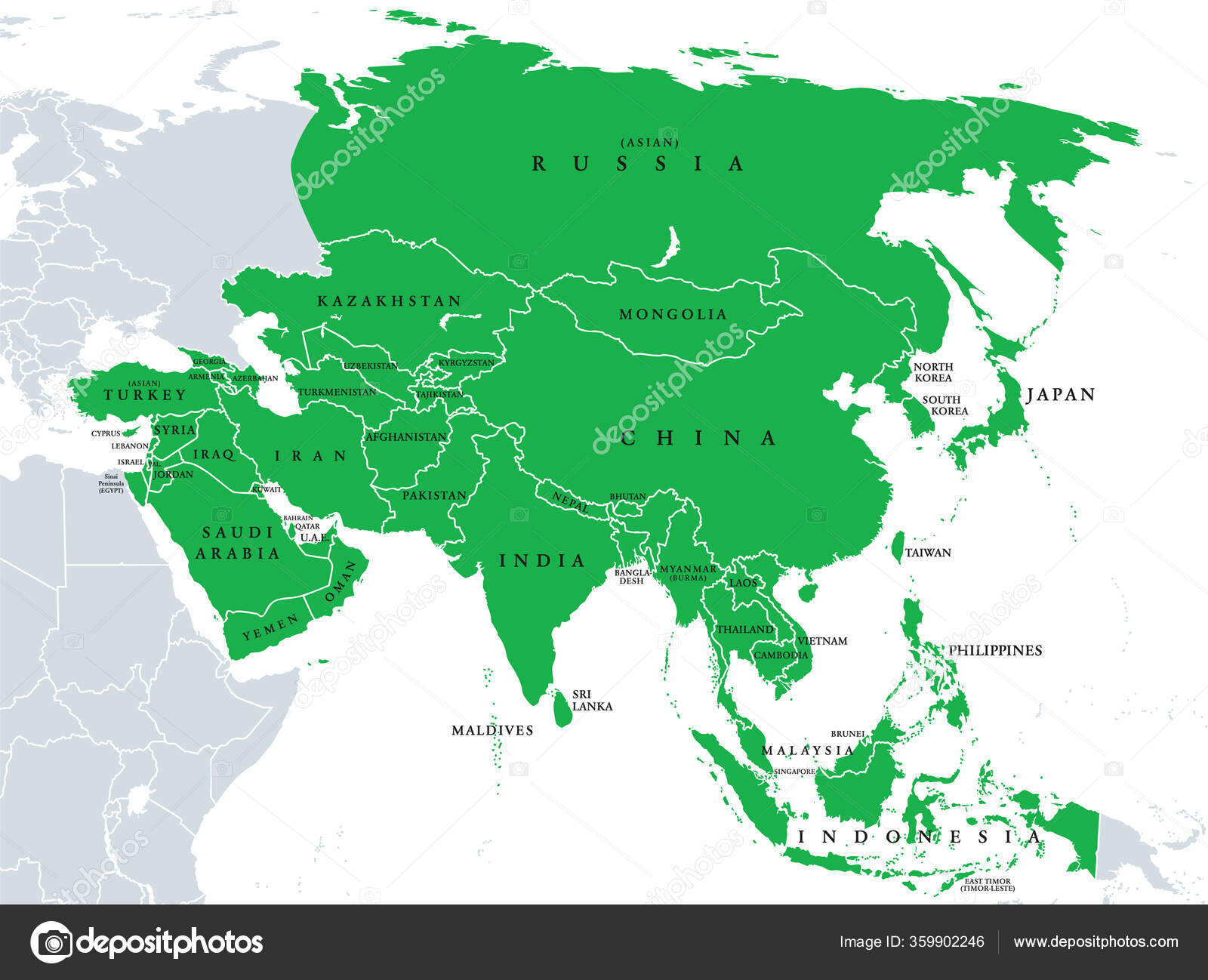 Asia アジア 政治地図 最大の大陸の国 アフリカの一部としてロシアとトルコとシナイ半島のアジアの一部と 英語表記 白い上にイラスト ベクトル  ストックベクター ©Furian 359902246
