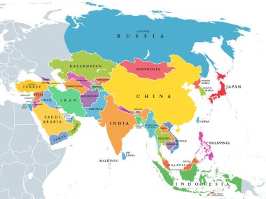 Kıta Asya, tek renkli devletlerle ve ülkelerle politik harita. Rusya, Türkiye ve Sina Yarımadası 'nın Asya kısmı Afrika' nın bir parçası. İngilizce etiketleme. Beyazın yerine illüstrasyon. Vektör.