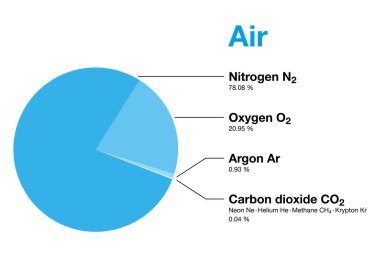 Hava, su buharı hariç Dünya 'nın atmosferinin hacmine göre bileşimi. Kuru hava nitrojen, oksijen, argon, karbondioksit ve az miktarda başka gazlar içerir. Pasta grafiği. İllüzyon. Vektör.