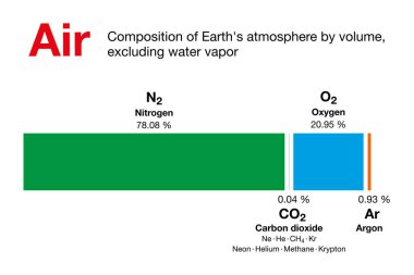 Air. Composition of Earth's atmosphere by volume, excluding water vapor. Dry air contains nitrogen, oxygen, argon, carbon dioxide and small amounts of other gases. Bar chart. Illustration. Vector. clipart