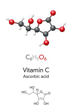 C vitamini molekül modeli ve kimyasal formül. Ascorbic asit, askorbatat, iskelet formülü ve moleküler yapı. Çeşitli yiyeceklerde bulunan ve diyet takviyesi olarak satılan vitaminler. İllüzyon. Vektör