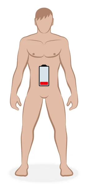 Mannelijk Lichaam Met Lege Batterij Symbool Voor Afnemende Energie Gezondheid — Stockvector