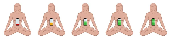 Mujer Meditando Con Batería Vacía Medio Llena Llena Diferente Cantidad — Vector de stock