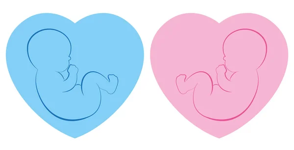 双子のピクトグラム 青とピンクのハートのフレームの背景に赤ちゃんの男の子と赤ちゃんの女の子 孤立したアウトラインベクトル図 — ストックベクタ