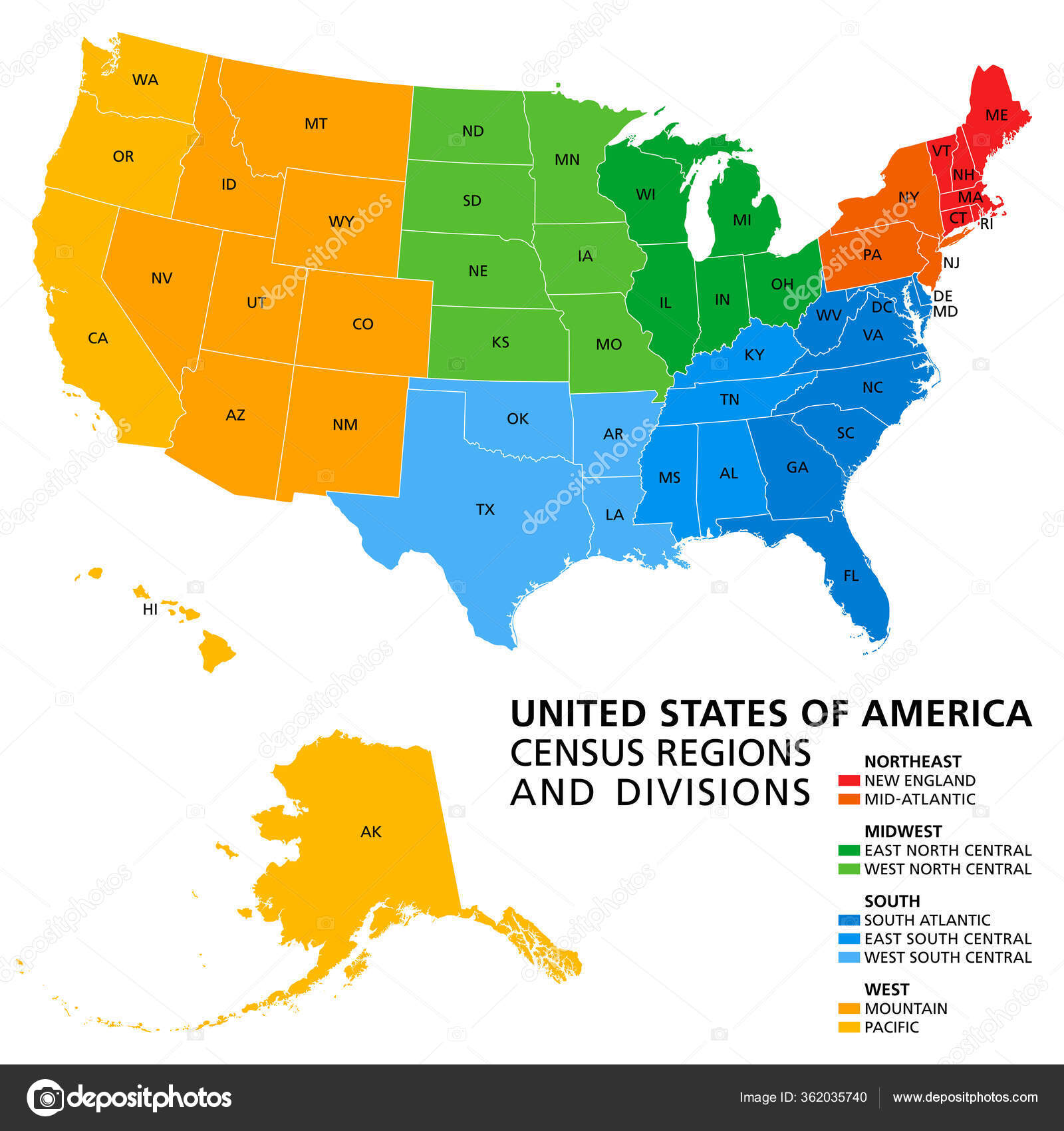 Estados Unidos Regiões Censitárias Divisões Mapa Político Definição Região  Amplamente imagem vetorial de Furian© 362035740