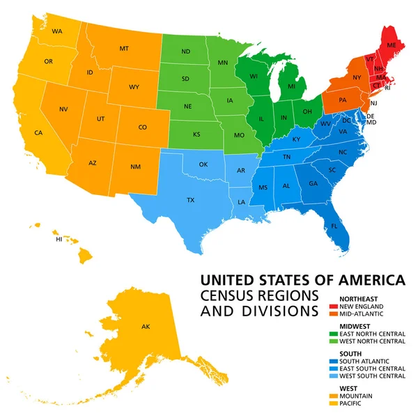 Estados Unidos Regiones Divisiones Del Censo Mapa Político Definición Región — Vector de stock