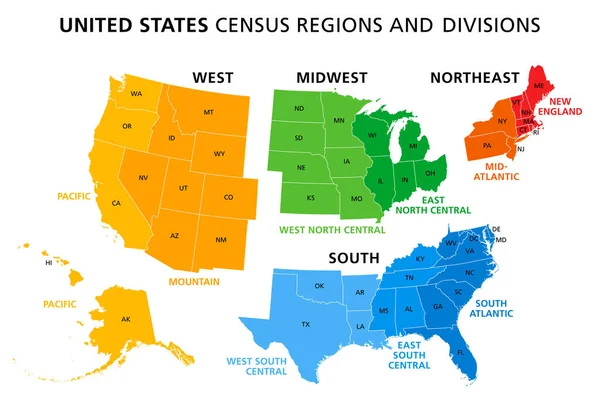 Mapa Estados Unidos Dividido Regiones Divisiones Del Censo Definición Región — Vector de stock