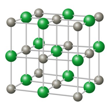 Sodium chloride, NaCl crystal structure with sodium in gray and chloride in green. Chemical compound, edible as table salt, a condiment and food preservative. Illustration in white background. Vector. clipart