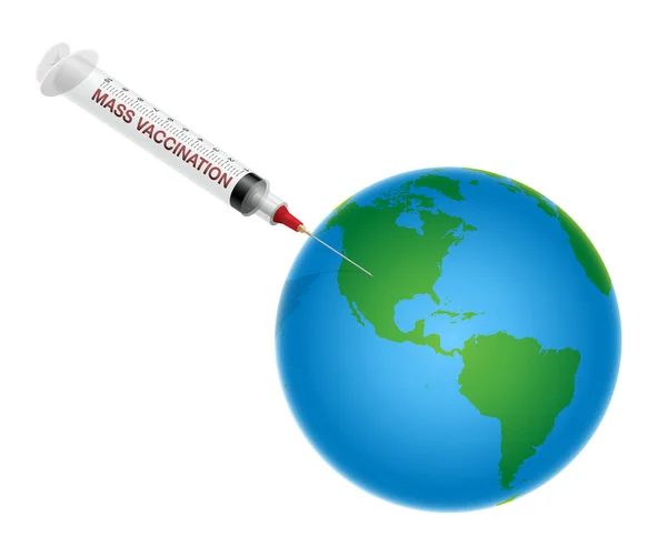 地球をワクチンで接種する 製薬業界の大量予防接種と世界的なコロナウイルス予防接種キャンペーンのシンボル 白のベクトル — ストックベクタ