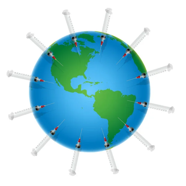 Масова Вакцинація Глобальна Кампанія Імунізації Великого Фармацевта Шприцами Планетарною Землею — стоковий вектор