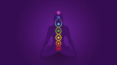 Kundalini - coiled snake. Meditating yoga woman with chakras on violet background, symbol for spiritual awakening, healing power and balance, celestial harmony and relaxation. vector Kundalini - coiled snake. Meditating yoga woman with chakras on violet background, symbol for spiritual awakening, healing power and balance, celestial harmony and relaxation. vector