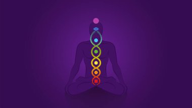 Kundalini - coiled snake. Meditating yoga man with chakras on violet background, symbol for spiritual awakening, healing power and balance, celestial harmony and relaxation. vector Kundalini - coiled snake. Meditating yoga man with chakras on violet background, symbol for spiritual awakening, healing power and balance, celestial harmony and relaxation. vector