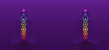 Kundalini - coiled snake. Meditating yoga couple with chakras on violet background, symbol for spiritual awakening, healing power and balance, celestial harmony and relaxation. vector Kundalini - coiled snake. Meditating yoga couple with chakras on violet background, symbol for spiritual awakening, healing power and balance, celestial harmony and relaxation. vector