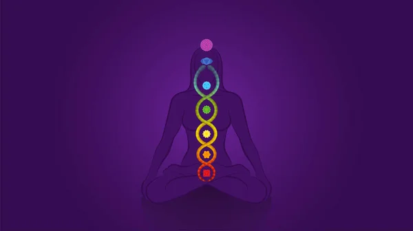 クンダリーニ 冷やしたヘビ 紫の背景にチャクラを持つヨガの女性を瞑想 精神的な目覚めのためのシンボル 癒しの力とバランス 天の調和とリラクゼーション — ストックベクタ