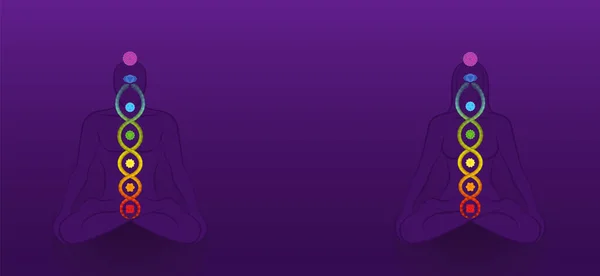 Кундалини Спиральная Змея Медитация Пары Йоги Чакрами Фиолетовом Фоне Символ — стоковый вектор