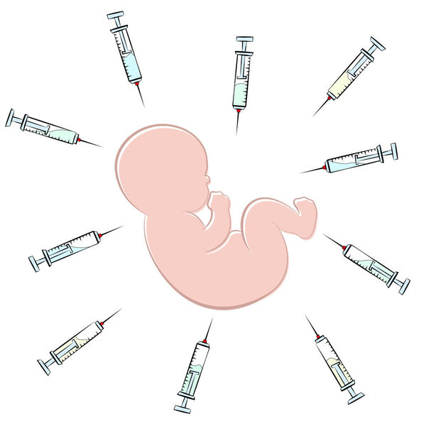 Baby surrounded by syringes, symbolic for vaccine insanity against measles, polio, smallpox, diphtheria, tetanus, chicken pox. Riskful multiple vaccination, immunization campaigns of pharma industry.