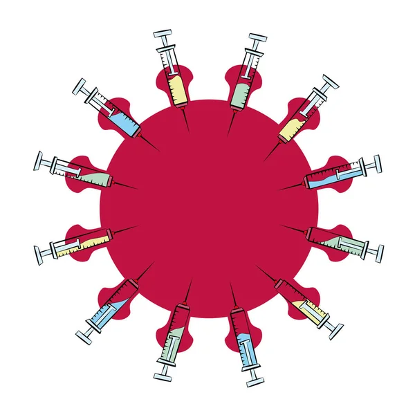 コロナウイルスのシンボルを接種する注射器 ワクチンの狂気 過剰投薬 大量予防接種 強制予防接種および製薬業界の予防接種キャンペーンのシンボル 白のベクトル — ストックベクタ