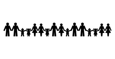 Pictograms of people holding hands, standing in a row. Abstract symbols of connected men, women and children expressing friendship, love and harmony. We are one world. Illustration over white. Vector. clipart