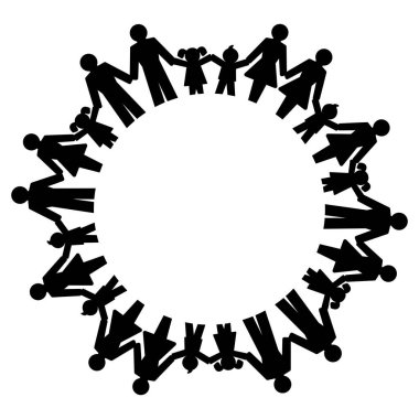 Erkekler, kadınlar, oğlanlar ve kızlar el ele tutuşup bir çember oluşturdular. Arkadaşlık, aile, ilişkiler ve toplumu ifade etmek için bir çember oluşturan birbirine bağlı insanlardan oluşan piktogramlar. İllüzyon. Vektör.