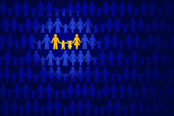 传统的家庭形象 一家人手牵着手 突出黄色 人群中一片深蓝色 象征性的家庭形象 由父亲 女儿和儿子组成 — 图库矢量图片