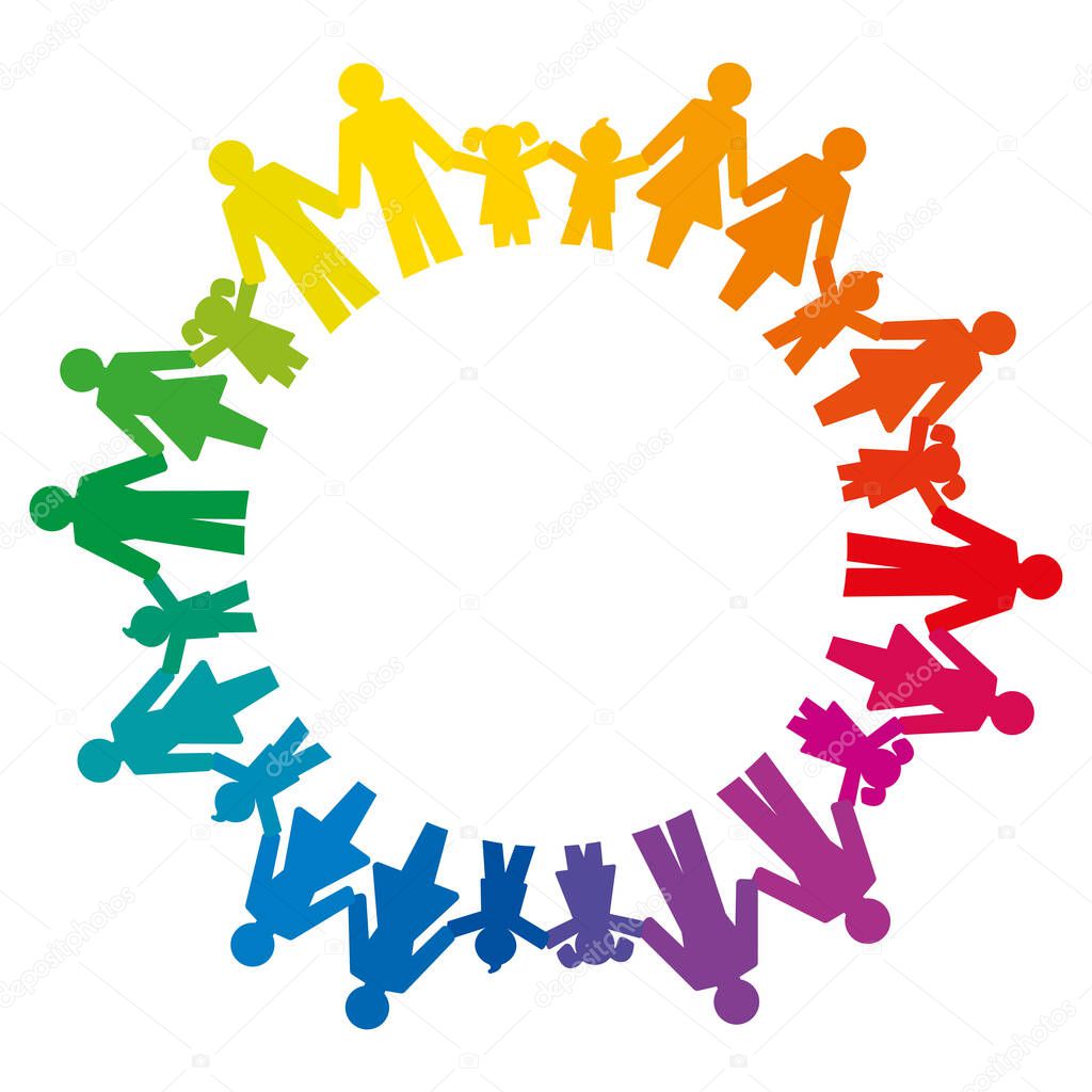 Rainbow circle formed by men, women, boys and girls holding hands. Pictograms of connected people standing in a circle to express friendship, family, relationships and society.  Illustration. Vector.