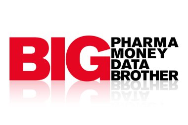 Big Pharma, Big Money, Data ve Big Brother harfleri. Büyük harflerle gösterilen kelimeler. Gölge efektli koyu kırmızı ve siyah harfler. Beyaz arka planda izole bir illüstrasyon. Vektör.