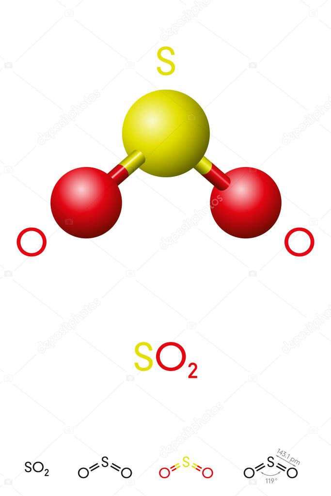 Sulfur dioxide, SO2, molecule model and chemical formula. Sulfurous anhydride, a toxic gas and an air pollutant. Ball-and-stick model, geometric structure and structural formula. Illustration. Vector.