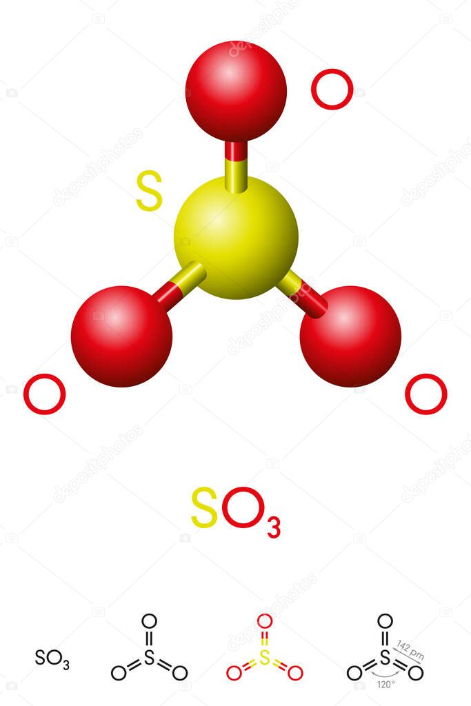 Sulfur trioxide, SO3, molecule model and chemical formula. Significant pollutant and primary agent in acid rain. Ball-and-stick model, geometric structure and structural formula. Illustration. Vector.