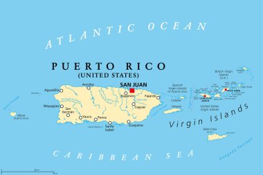 Puerto Rico and Virgin Islands, political map. British, Spanish and United States Virgin Islands. British overseas territory and unincorporated territories of the United States. Illustration. Vector. clipart