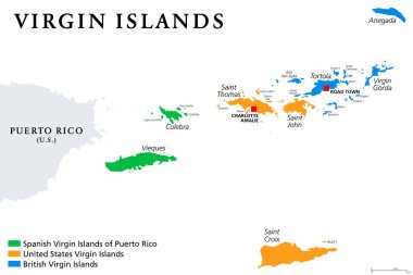 Virgin Islands map with political jurisdictions. British, Spanish and U.S. Virgin Islands in the Caribbean. British overseas territory and unincorporated territories of the USA. Illustration. Vector. clipart