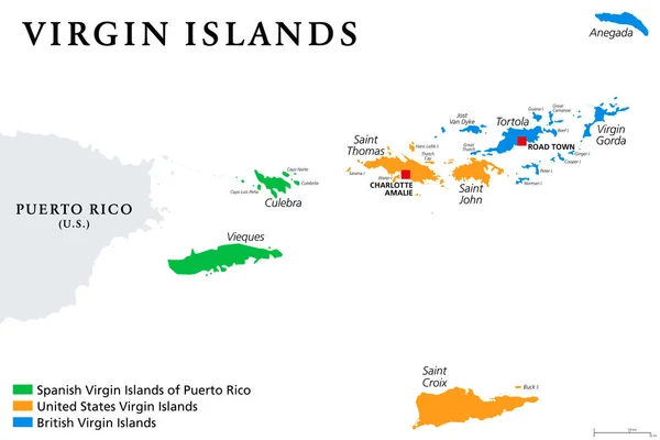 バージン諸島は政治的管轄権を持つ カリブ海のイギリス スペイン アメリカ領バージン諸島 イギリスの海外領土と米国の未編入領域 イラスト ベクトル — ストックベクタ