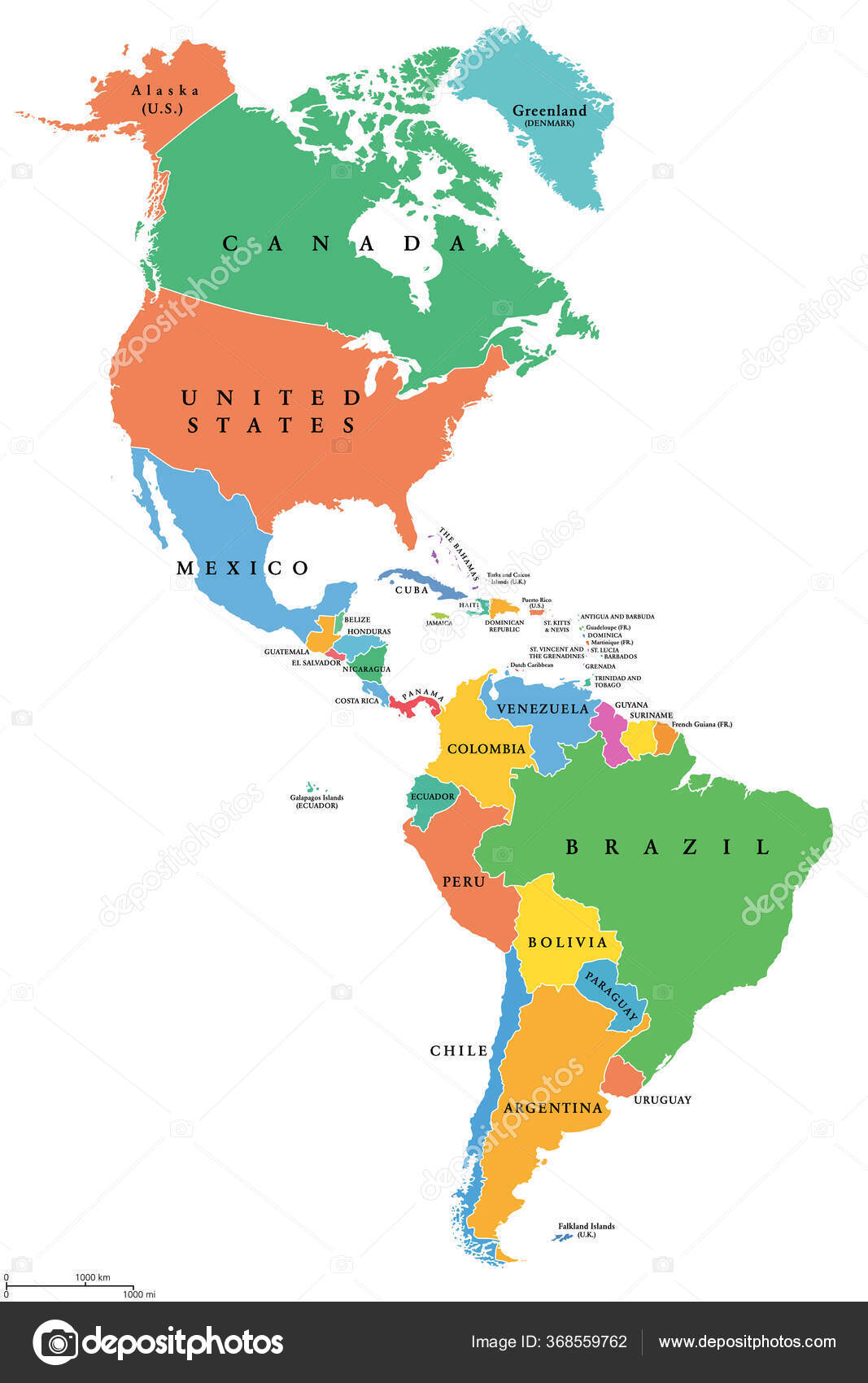 —　単一州　英語の国名を持つ異なる色の国　368559762　白い上にイラスト　国境と政治地図　南アメリカ　©Furian　アメリカ　ストックベクター　カリブ海　ベクトル