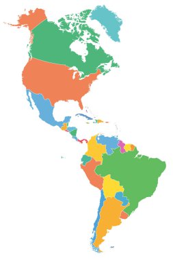 Amerika, tek devletlerin farklı renklerde olduğu politik bir harita. Karayipler, Kuzey, Orta ve Güney Amerika ülkeleri. Siluetler. Beyaz arka planda izole bir illüstrasyon. Vektör.