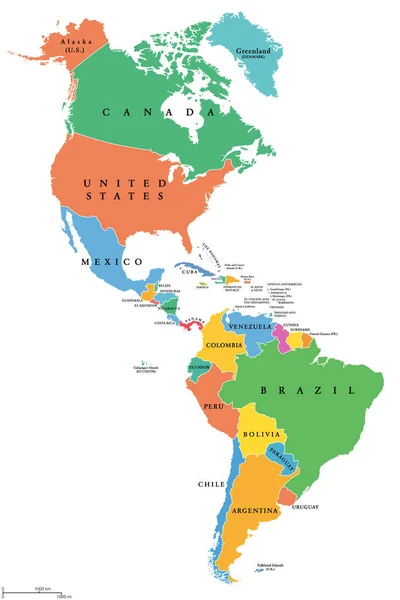 Las Américas Estados Individuales Mapa Político Con Fronteras Nacionales Caribe — Archivo Imágenes Vectoriales