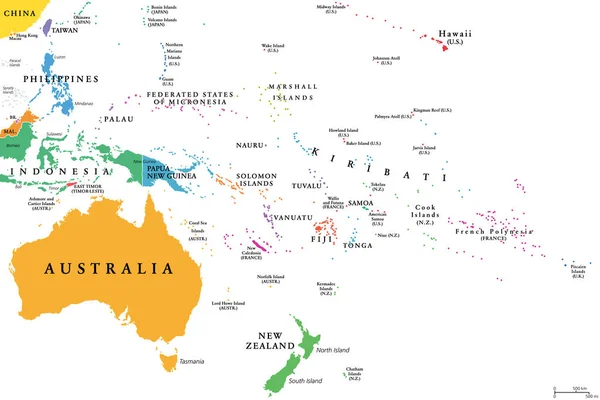 Ozeanien Einzelne Staaten Politische Landkarte Geographische Region Südöstlich Der Asiatisch — Stockvektor