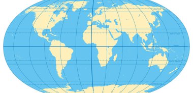 World map with most important circles of latitudes and longitudes, showing Equator, Greenwich meridian, Arctic and Antarctic Circle, Tropic of Cancer and Capricorn. English. Illustration. Vector. clipart