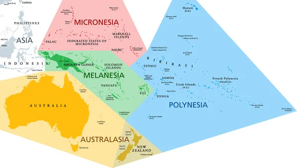 Regiões Oceania Mapa Político Regiões Geográficas Coloridas Sudeste Região Ásia —  Vetores de Stock