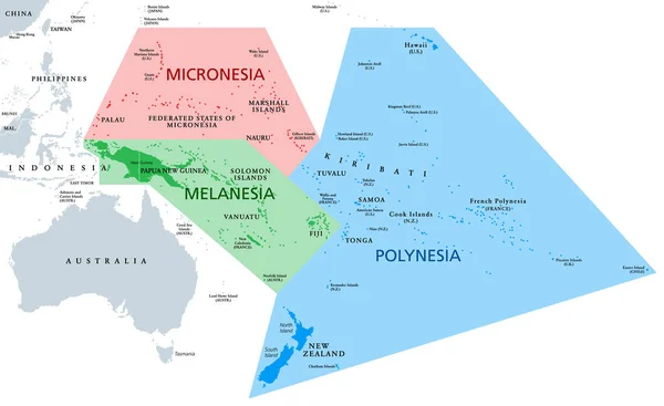 美拉尼西亚 密克罗尼西亚和波利尼西亚的政治地图大洋洲的有色地理区域 位于亚太地区东南部 英文标签 关于白色背景的说明 — 图库矢量图片
